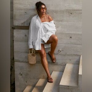 Aerie Linen Blend White Coastal Casual Button-Down Shirt